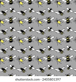 Color seamless pattern of bumblebees and beetles on gray background. Flying insects, background for wrapping paper, notebook and album covers. Children's wallpaper in cartoon style.