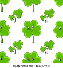 Color seamless pattern. Clover shamrock. St. Patrick 's Day. Cartoon style. Hand drawn. Vector illustration isolated on white background.