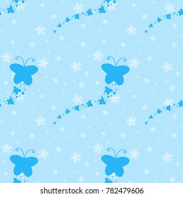Color seamless pattern of cute blue silhouettes of butterflies on a background of falling small flowers. Simple flat vector illustration. Suitable for Wallpaper, fabric, wrapping paper, covers.