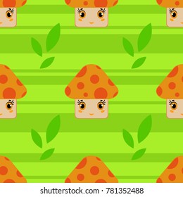 Color seamless pattern of cute smiling mushrooms on a green striped background . Simple flat vector illustration. Suitable for Wallpaper, fabric, wrapping paper, covers.