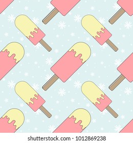 Color seamless pattern of delicious melting ice cream on a blue background. Simple flat vector illustration. Suitable for Wallpaper, fabric, wrapping paper, covers.