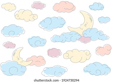 Color seamless pattern and doodle clouds   moon  Kids background 