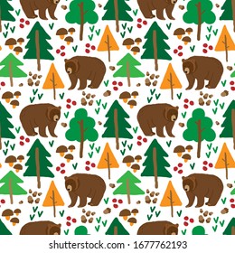 color seamless pattern drawn by hand with the image of a brown bear in the forest. Cartoon style. Decor for children's textiles, Wallpaper or packaging paper