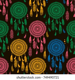 Color Seamless Pattern With Dream Catcher And Feathers. Original Hand Drawn Background.