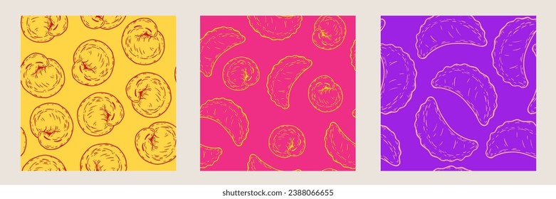 Color seamless pattern with dumplings in hand drawn vivid bright style. Set kitchen background for wallpaper, branding, textile. Sketch vector illustration.