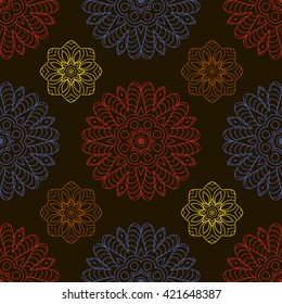 Color seamless pattern, ethnic ornament. Hand drawn abstract background. Mandala doodle motives
