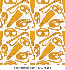 color seamless pattern with flippers and mask and tube, yellow sea pattern for beach design, 