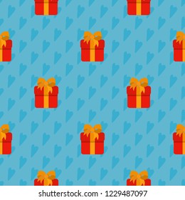 Color seamless pattern with gifts. Gift boxes color seamless pattern for New Year, birthday, Valentine's day gifts, posters, banners. Red, yellow, orange, light blue.  