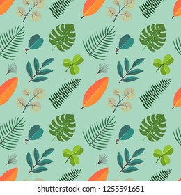 Color seamless pattern with green palm leaves. Floral tropical foliage background.