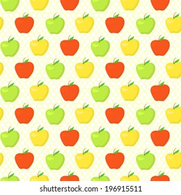 Color seamless pattern with green, yellow and red apples on polka dot background, perfect for kitchen wallpaper, wrapping paper, textiles