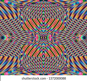Color seamless pattern with hypnotic trance texture. Multicolored glitched background. Op art unique bright kaleidoscope. Psychedelic trippy art.