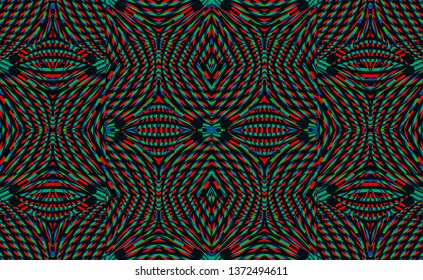 Color seamless pattern with hypnotic trance texture. Multicolored glitched background. Op art unique bright kaleidoscope. Psychedelic trippy art.