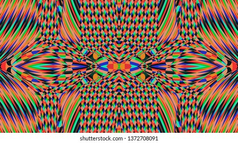 Color seamless pattern with hypnotic trance texture. Multicolored glitched background. Op art unique bright kaleidoscope. Psychedelic trippy art.