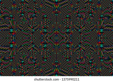 Color seamless pattern with hypnotic trance texture. Multicolored glitched background. Op art unique bright kaleidoscope. Psychedelic trippy art.