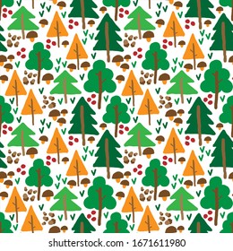 color seamless pattern with the image of a stylized forest in cartoon style. A hand-drawn drawing. Decor for children's textiles, Wallpaper or packaging paper.