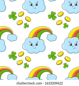 Color seamless pattern. Magic rainbow. St. Patrick 's Day. Cartoon style. Hand drawn. Vector illustration isolated on white background.