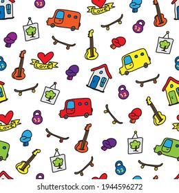 patrón ininterrumpido de color, minibus, casa, guitarra, peso, skateboard, guante de boxeo, imagen, corazón de amor