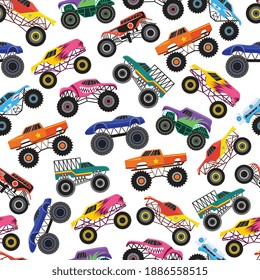 Color seamless pattern with monster trucks, flat cartoon vector illustration on white background. Racing show monster truck or bigfoot car in repeatable endless backdrop.