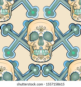 color seamless pattern in muted colors with the image of a human skull on the background of crosses, a symbol of the holiday Day of the dead