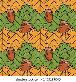 Color seamless pattern with oak leaves and acorns. Vector background.