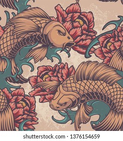 Color seamless pattern on the Japanese theme with koi carp, peonies and waves.