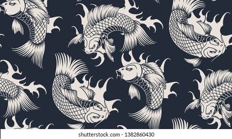 Color seamless pattern on the Japanese theme with koi carp, peonies and waves.