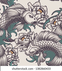 Color seamless pattern on the Japanese theme with koi carp, peonies and waves.