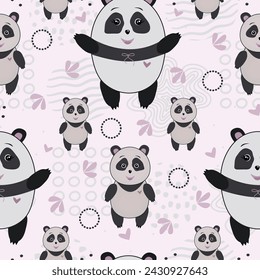 Color seamless pattern with pandas, print in scandinavian style