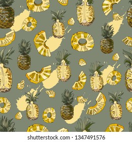 Color seamless pattern of pineapple and abstract spot. Whole and sliced elements isolated on olive background. Hand drawn sketch. Vector illustration.