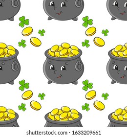 Color seamless pattern. Pot of gold. St. Patrick 's Day. Cartoon style. Hand drawn. Vector illustration isolated on white background.