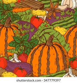 Color seamless pattern with pumpkin zucchini eggplant cabbage and carrots in cartoon style vector illustration 
