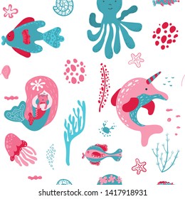 Color seamless pattern with sea elements on a white background. Mermaid, octopus, fish,narwhal, shells, algae, jellyfish. Scandinavian style. Ideal for children's clothing, fabrics, textiles, children