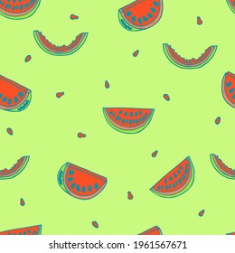 Color seamless pattern with slice, bitten pieces and seeds of watermelon in green background. Vector illustration.