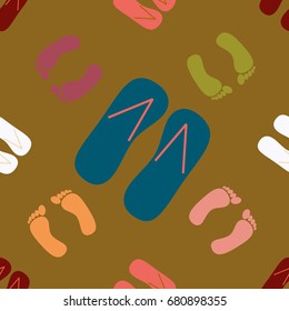 Color seamless pattern with slippers and footprints.