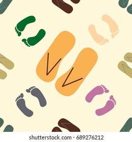 Color seamless pattern with slippers and footprints.