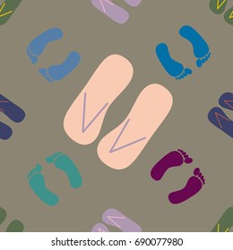 Color seamless pattern with slippers and footprints.