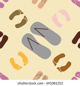 Color seamless pattern with slippers and footprints.