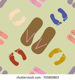 Color seamless pattern with slippers and footprints.