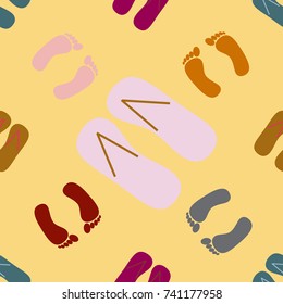 Color seamless pattern with slippers and footprints.