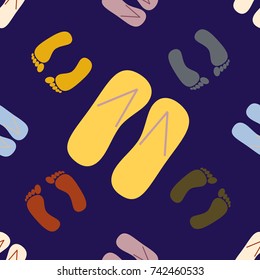Color seamless pattern with slippers and footprints.
