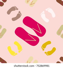 Color seamless pattern with slippers and footprints.