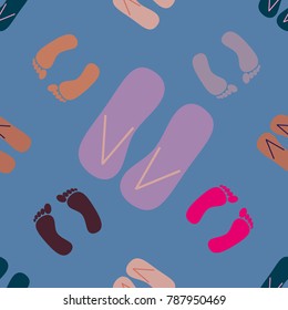Color seamless pattern with slippers and footprints.