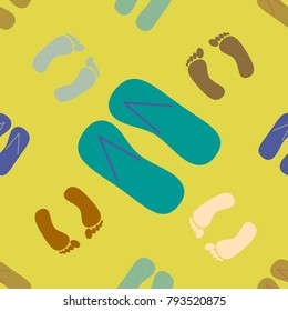 Color seamless pattern with slippers and footprints.