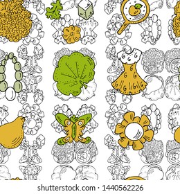 Color seamless pattern. Sun, flowers and leaves. Pear. Dress and beads,butterfly,  lollipop.