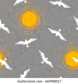 Color seamless pattern with sun and seagulls
