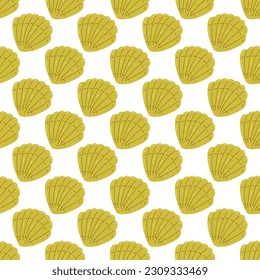 Color seamless pattern of various summer elements. Beige shells. Fashion design, packaging, background. Vector flat illustration.