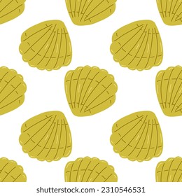 Color seamless pattern of various summer elements. Beige shells. Fashion design, packaging, background. Vector flat illustration.