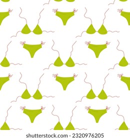 Color seamless pattern of various summer elements. Clothes. Green swimsuit. Fashion design, packaging, background. Vector flat illustration.