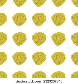 Patrón de color sin fisuras de varios elementos de verano. Conchas beige. Diseño de moda, embalaje, fondo. Ilustración plana vectorial.