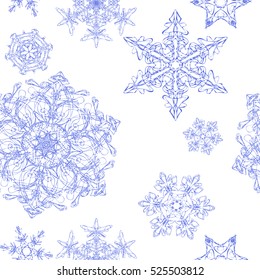 Color seamless pattern. Vector Collection of snowflakes, winter elements on a white background with spangle. Good for vintage textile fabric design, greetings card, wrapping paper and pack paper. 